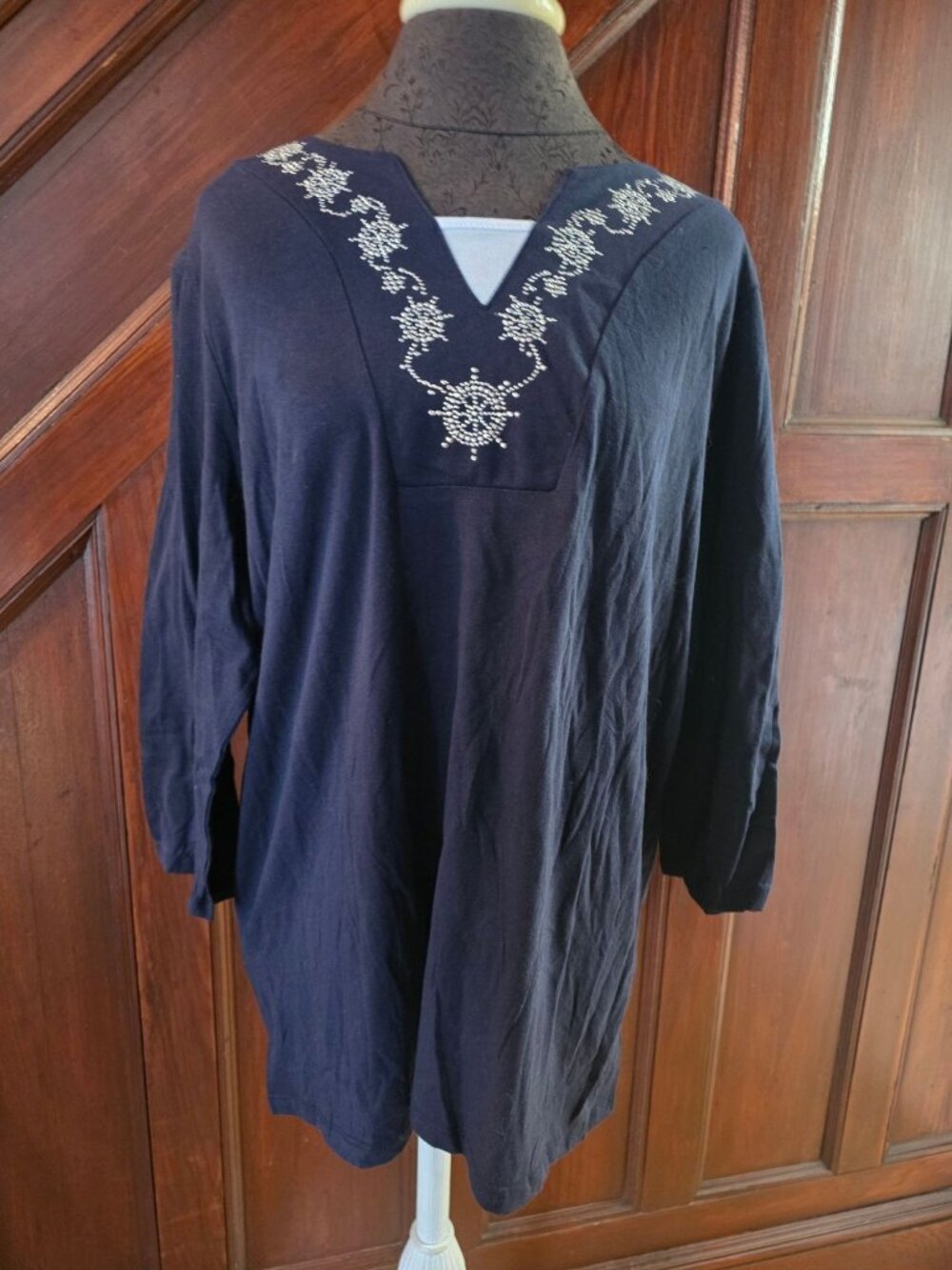 Cal Style Navy Tunic With Rhinestone Detail & 3/4 Sleeves XL Made In USA